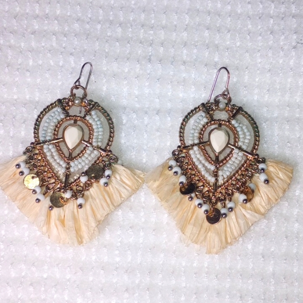 Beautiful Bohemian beaded Raffia Fringe earrings.